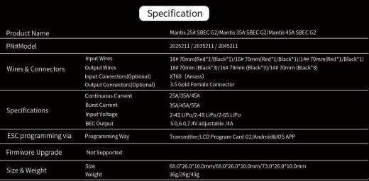 ZTW AERIZON MANTIS G2 45A Brushless Regler 2-6S 5-7,4V/4A SBEC